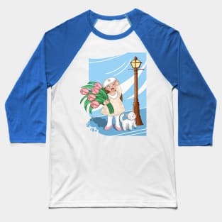 Girl carrying tulips against a strong wind Baseball T-Shirt